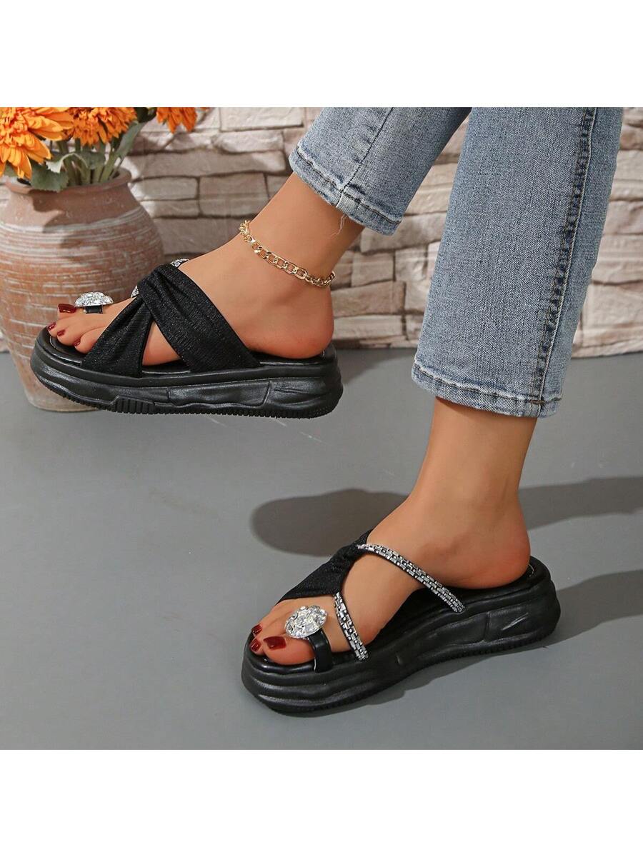 Black platform rhinestone thong slide sandals with ribbed crossover straps