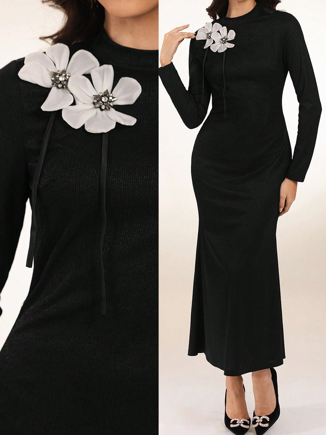 Indulge in stylish urban elegance with this 3D floral black slim fit long dress. Perfect for evening wear, this dress is both chic and comfortable. The slim fit design flatters any body type, while the 3D floral detailing adds a unique touch. Elevate your wardrobe with this must-have dress.