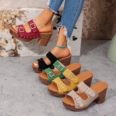 Chic Summer Double Breasted Chunky Heel Slide Sandals with Rivet Detail