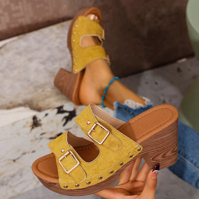 Chic Summer Double Breasted Chunky Heel Slide Sandals with Rivet Detail