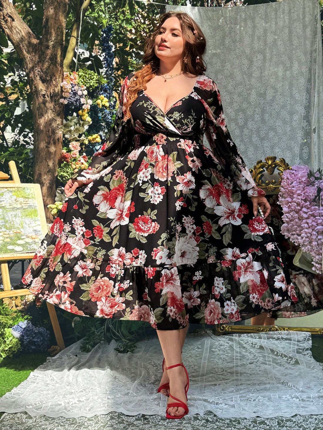 Get ready to turn heads in this elegant floral midi dress! Made with beautiful chiffon fabrics and featuring a square neck and long sleeves, this vintage resort style dress is perfect for any woman looking to make a statement. Plus, with its flattering plus size fit, you'll feel confident and chic all day long. (Chic, elegant, head-turning statement piece for plus size ladies. Perfect for resort wear. Turn heads and feel confident in this vintage dress.)