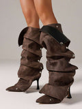 Heel detail view of Elegant Winter Brown Knee High Ruched Slouchy Stiletto Boots for Women - Perfect Nightclub Luxury Footwear for knee high boot styling