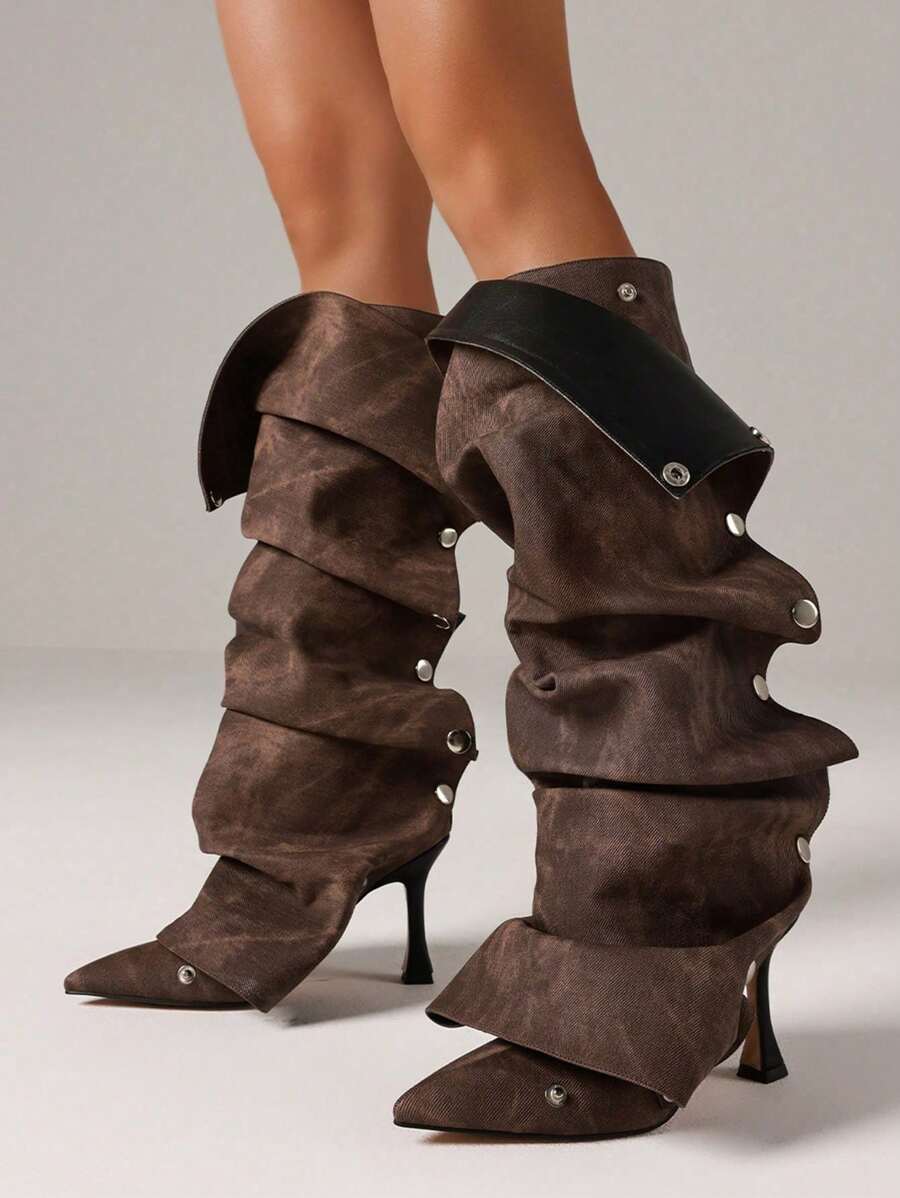 Heel detail view of Elegant Winter Brown Knee High Ruched Slouchy Stiletto Boots for Women - Perfect Nightclub Luxury Footwear for knee high boot styling