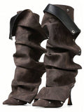 Shaft detail view of Elegant Winter Brown Knee High Ruched Slouchy Stiletto Boots for Women - Perfect Nightclub Luxury Footwear for knee high boot styling