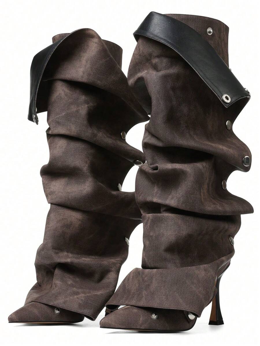 Shaft detail view of Elegant Winter Brown Knee High Ruched Slouchy Stiletto Boots for Women - Perfect Nightclub Luxury Footwear for knee high boot styling