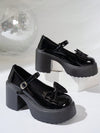 Chic Black Leather Mary Jane Heels with Bow Tie and Metal Buckle - Fashionable and Versatile for Every Occasion