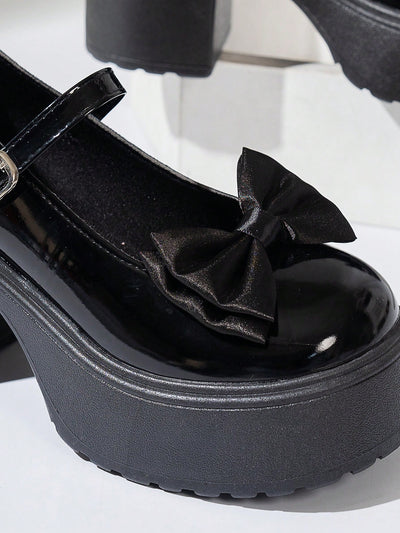 Chic Black Leather Mary Jane Heels with Bow Tie and Metal Buckle - Fashionable and Versatile for Every Occasion