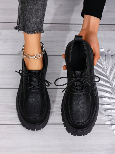 Women's Thick Sole Lace-Up Loafers Leather Shoes Student Black Vintage British Style Flat Shoes, Summer