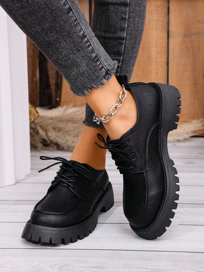 Women's Thick Sole Lace-Up Loafers Leather Shoes Student Black Vintage British Style Flat Shoes, Summer