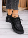 Women's Thick Sole Lace-Up Loafers Leather Shoes Student Black Vintage British Style Flat Shoes, Summer