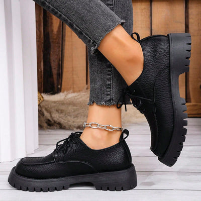 Women's Thick Sole Lace-Up Loafers Leather Shoes Student Black Vintage British Style Flat Shoes, Summer