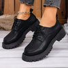 Women's Thick Sole Lace-Up Loafers Leather Shoes Student Black Vintage British Style Flat Shoes, Summer