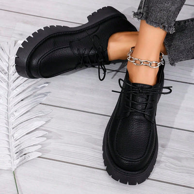 Women's Thick Sole Lace-Up Loafers Leather Shoes Student Black Vintage British Style Flat Shoes, Summer