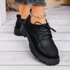 Women's Thick Sole Lace-Up Loafers Leather Shoes Student Black Vintage British Style Flat Shoes, Summer