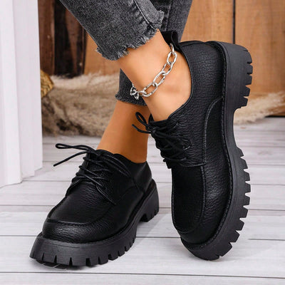 Women's Thick Sole Lace-Up Loafers Leather Shoes Student Black Vintage British Style Flat Shoes, Summer