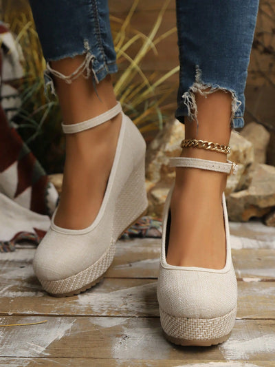 Chic Women's Platform Slip-On Shoes: Breathable Linen High Heels with Water-Resistant Design