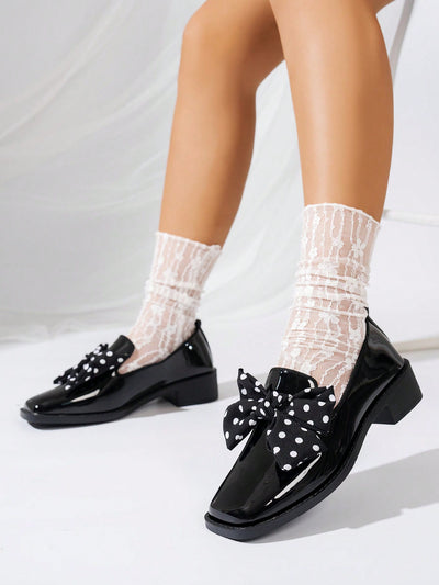 Chic Black Polka Dot Bow Loafers - Elegant Thick-Soled Design for Effortless Style