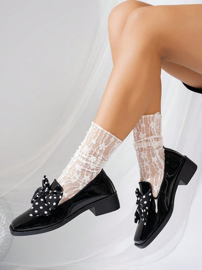 Chic Black Polka Dot Bow Loafers - Elegant Thick-Soled Design for Effortless Style