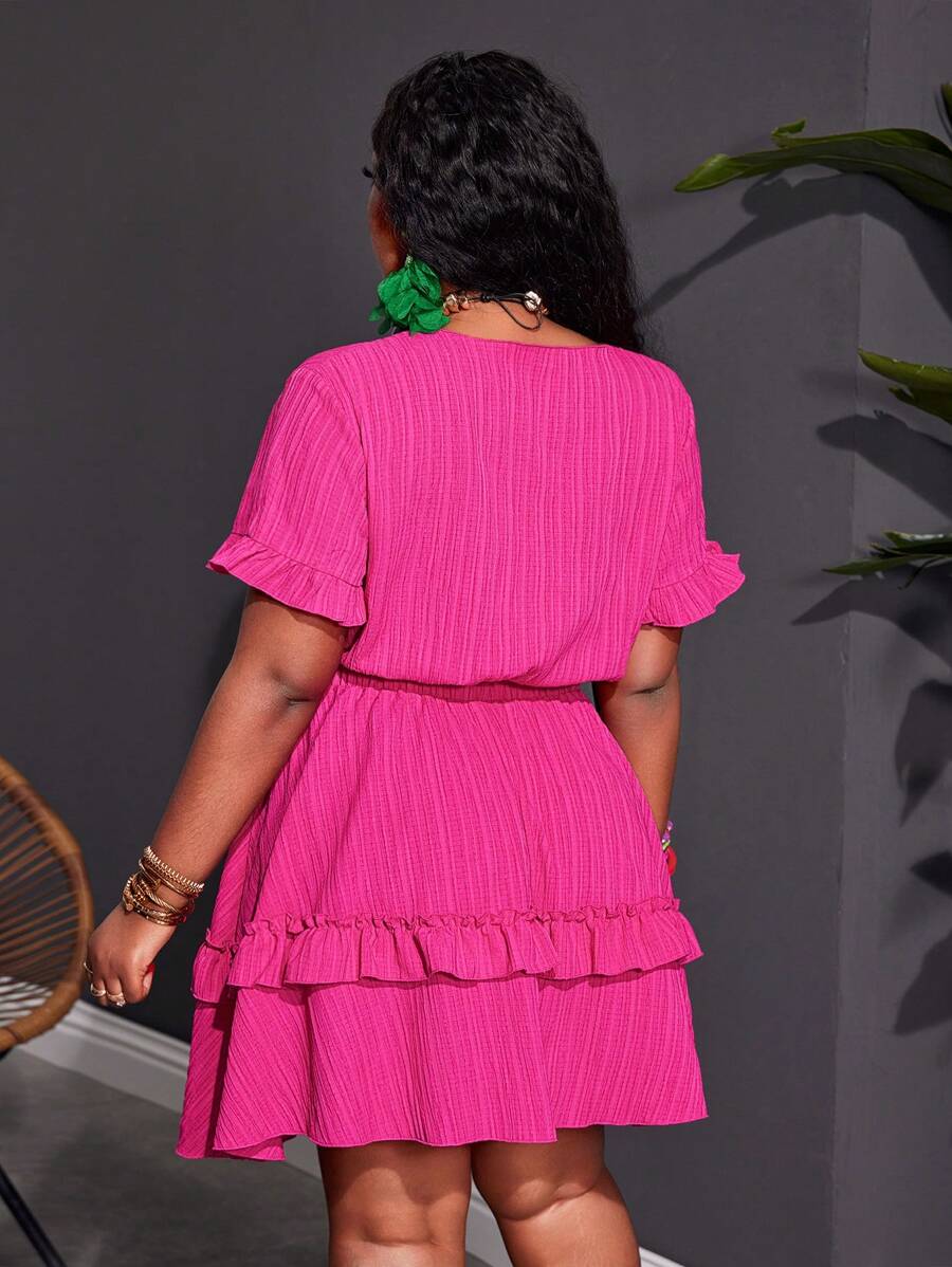 Close-up view of plus size fuchsia ruffle mini dress - casual & romantic two-piece set for vacations with mini dress silhouette, plus size fit for summer casual wear