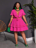 Close-up view of plus size fuchsia ruffle mini dress - casual & romantic two-piece set for vacations with mini dress silhouette, plus size fit for summer casual wear