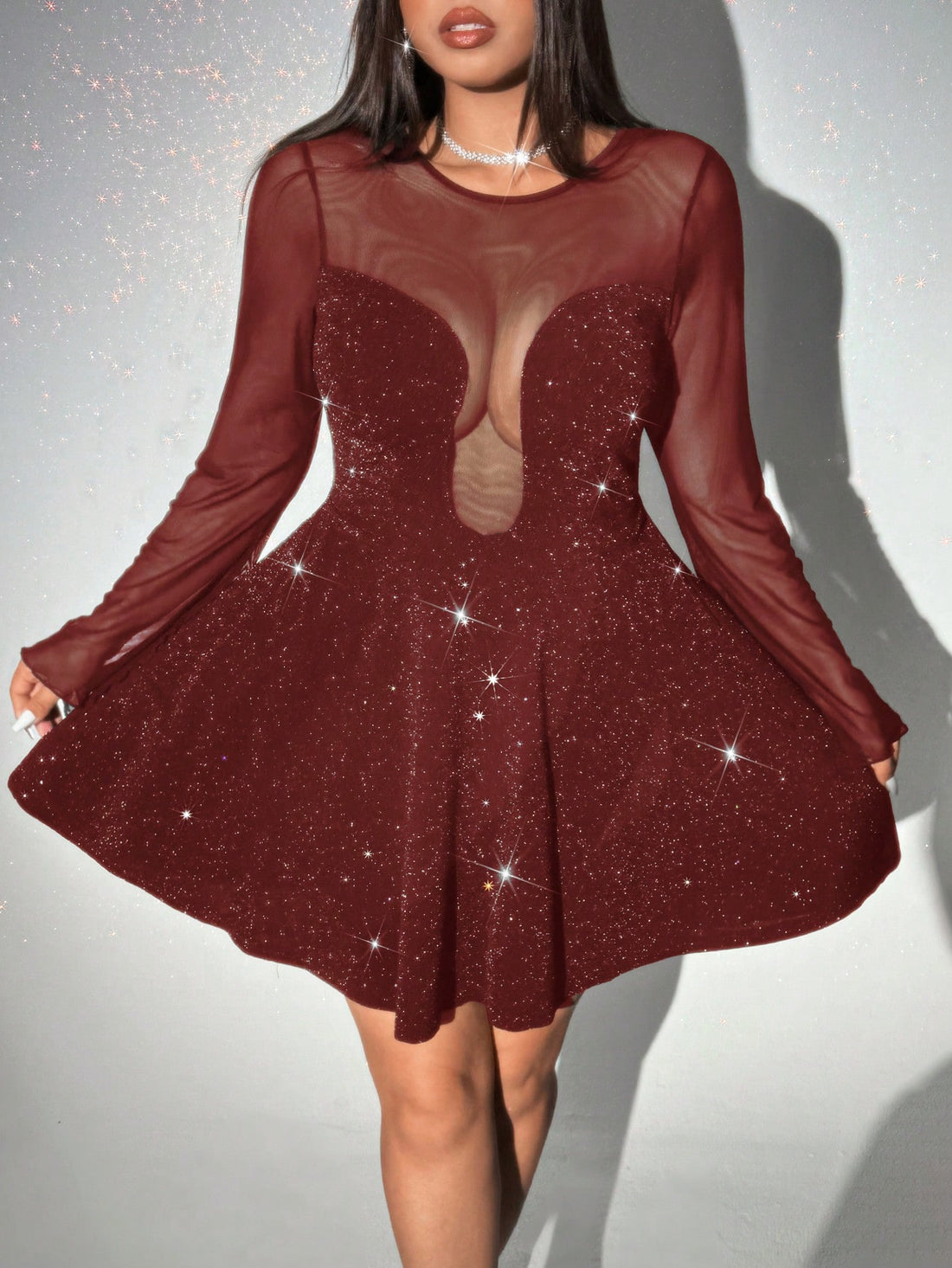 Shine bright with our Sparkling Elegance: Plus Size Mesh Patchwork Sequin Flare Hem Dress. The intricate mesh patchwork and sparkling sequins add a touch of elegance, while the flare hem creates a flattering silhouette. Perfect for any special occasion (or just feeling fancy)! ✨👗