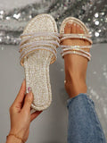 Gold glitter rhinestone slide sandals with sparkly footbed and multi straps