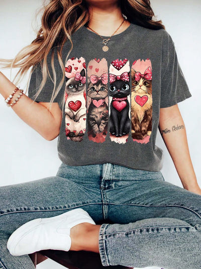 Valentine Cat Graphic Print T-Shirt Short Sleeve Crew Neck Casual Top For Summer