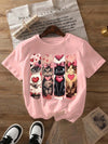 Valentine Cat Graphic Print T-Shirt Short Sleeve Crew Neck Casual Top For Summer