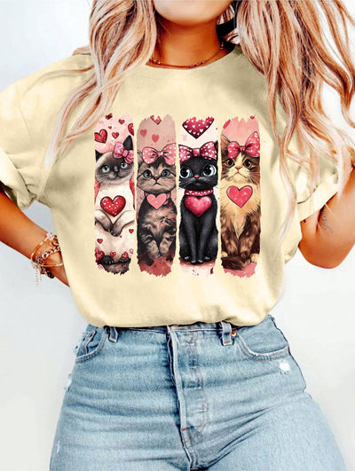 Valentine Cat Graphic Print T-Shirt Short Sleeve Crew Neck Casual Top For Summer