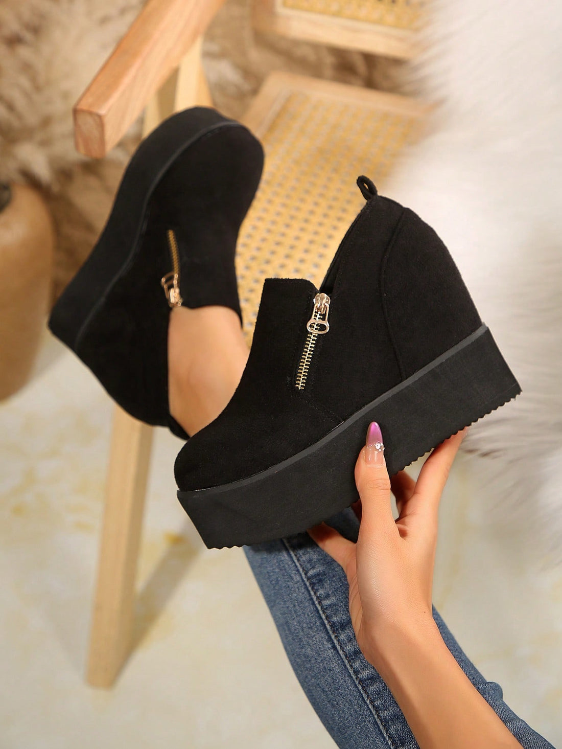 Upgrade your shoe game with these Chic Black Platform Wedge Shoes! Slip into style and comfort with these stylish slip-on heels that will take your outfit to new heights (literally). Perfect for any occasion, these shoes provide the ultimate comfort without sacrificing style.