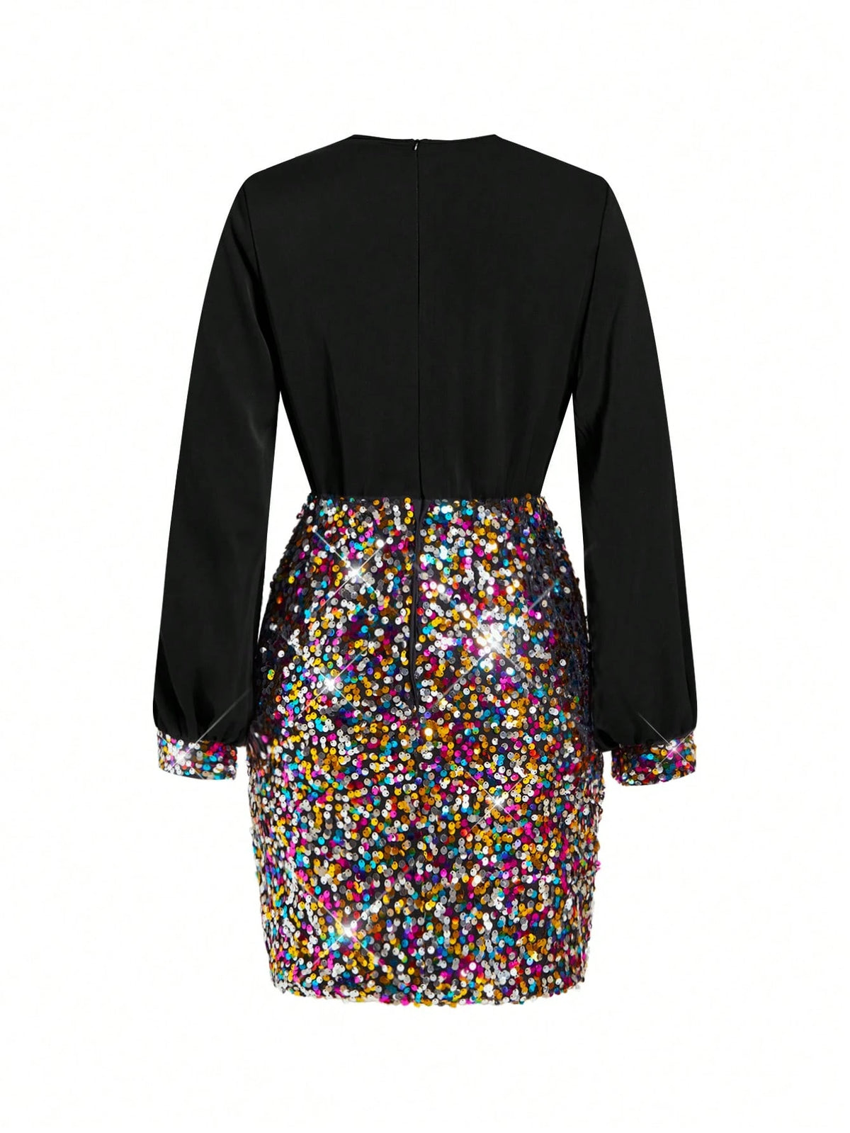 A long-sleeve mini dress shown from the back, featuring a solid black upper back and sleeves with a vibrant, multicolored sequined skirt.