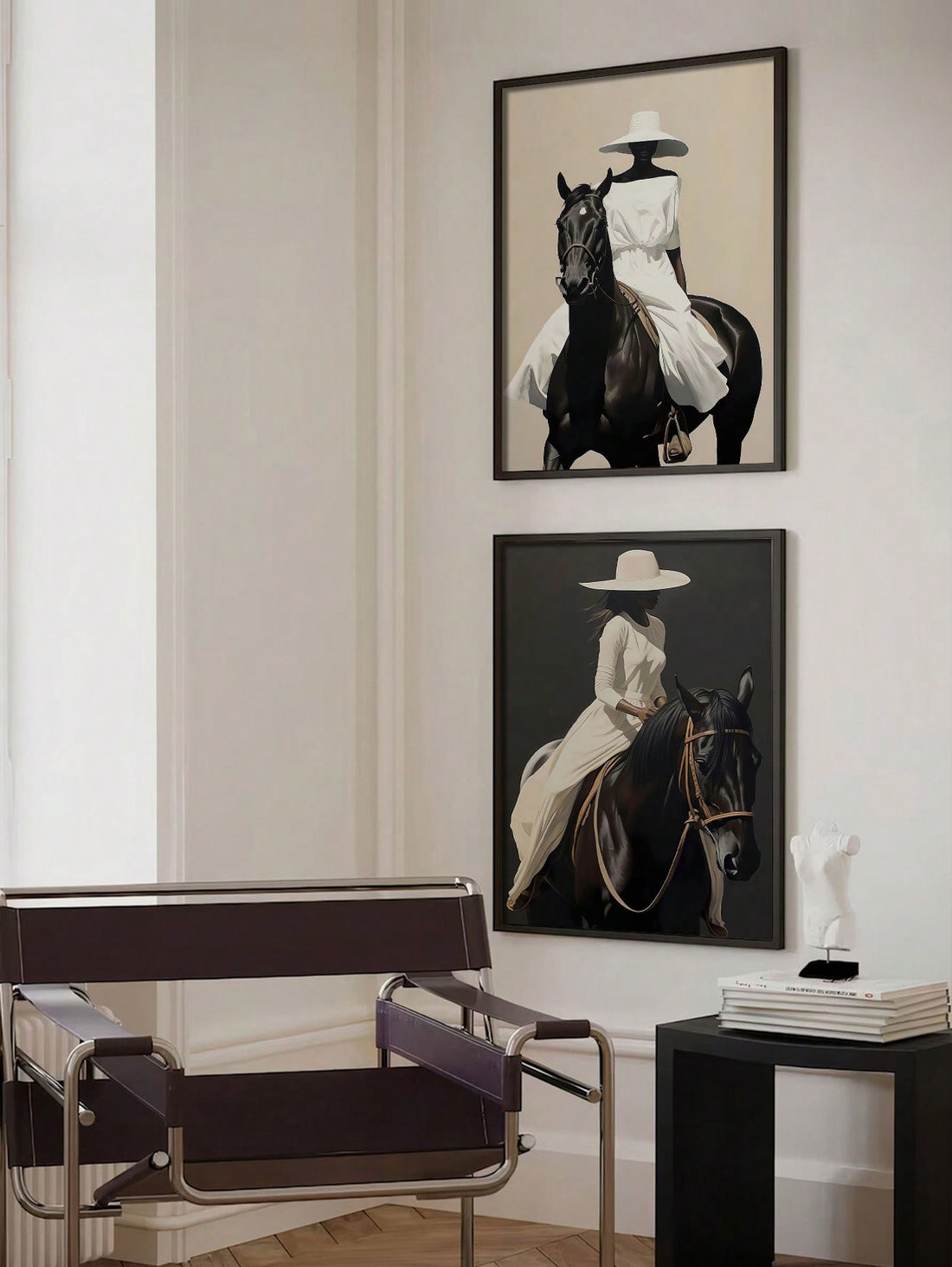 Add a touch of elegance to your home decor with our Chic Equestrian Duo canvas wall art set. Featuring a modern, unframed design, this set is perfect for adding a stylish and sophisticated look to any room. Upgrade your space with this unique and versatile piece!