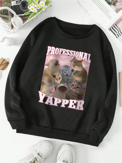 Cozy Cat Print Crew Neck Sweatshirt - Casual Chic for Cat Lovers