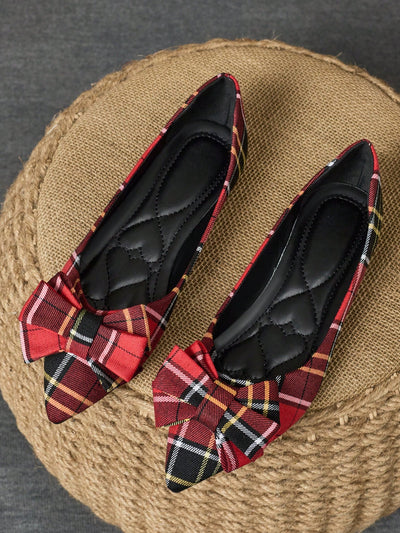 Chic Bow-Knot Plaid Loafers for Women – Stylish Pointed Toe Flats Perfect for Spring and Versatile Outfits