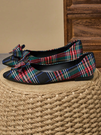 Chic Bow-Knot Plaid Loafers for Women – Stylish Pointed Toe Flats Perfect for Spring and Versatile Outfits