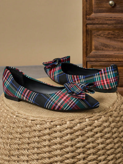 Chic Bow-Knot Plaid Loafers for Women – Stylish Pointed Toe Flats Perfect for Spring and Versatile Outfits