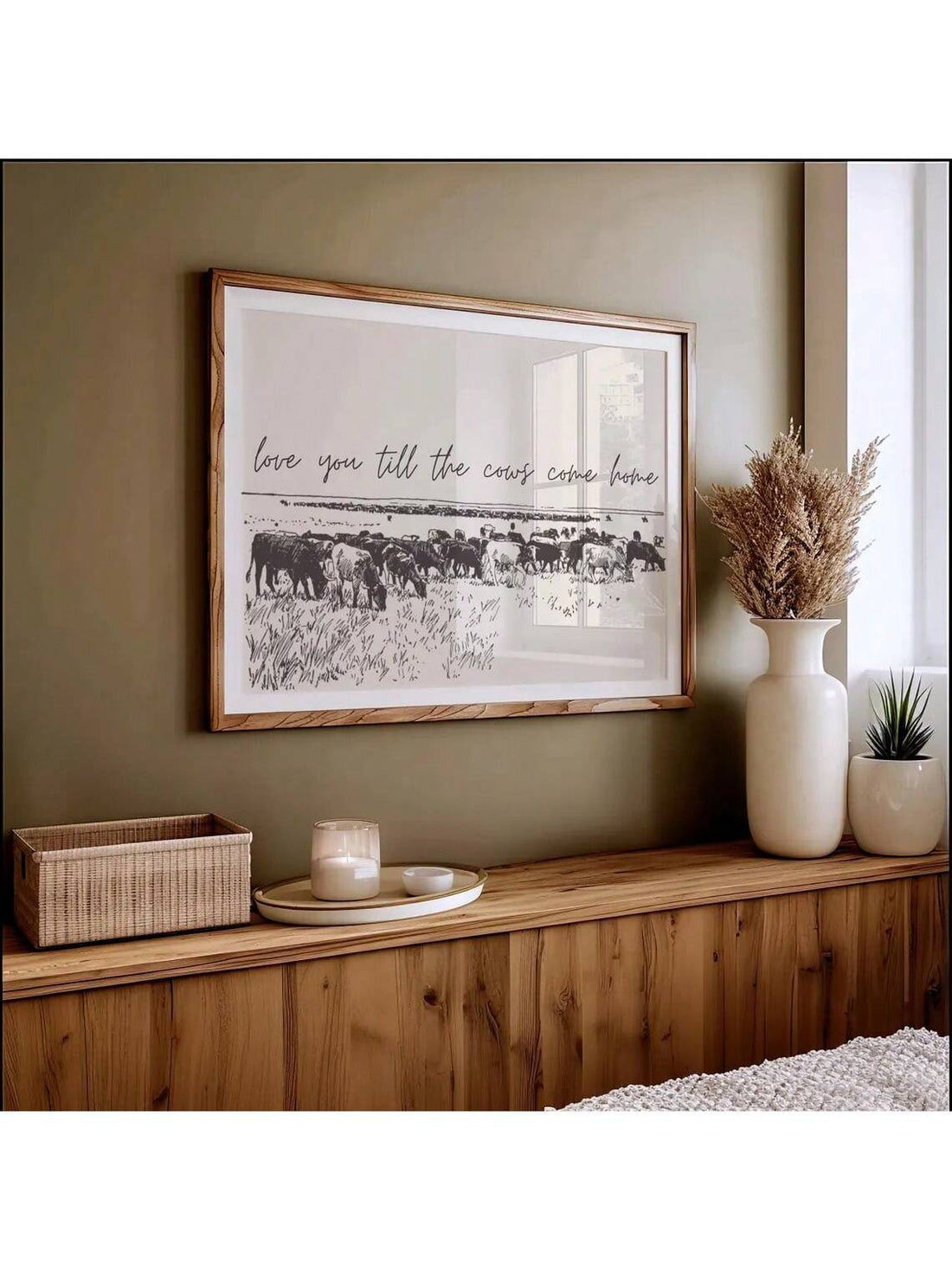 Add a touch of farmhouse charm with this playful "I Love You Till The Cows Come Home" rustic art print. Its vintage-inspired design brings warmth and personality to any modern living space, making it the perfect reminder that love always comes home. Ideal for cozy kitchens, living rooms, or entryways, this print adds a fun and heartfelt accent to your decor.