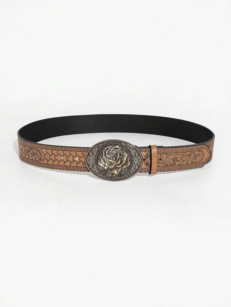 Retro Brown Floral PU Leather Belt with Carved Metal Buckle for Women - Western Style Accessory for Commuting - women retro brown floral PU leather belt with carved metal buckle visible in all media images, product image 1