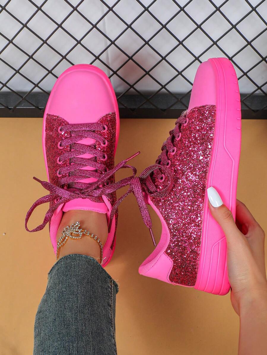 hot pink glitter sneakers image 1 showing visible color, material, toe, strap, heel, sole, or lace details