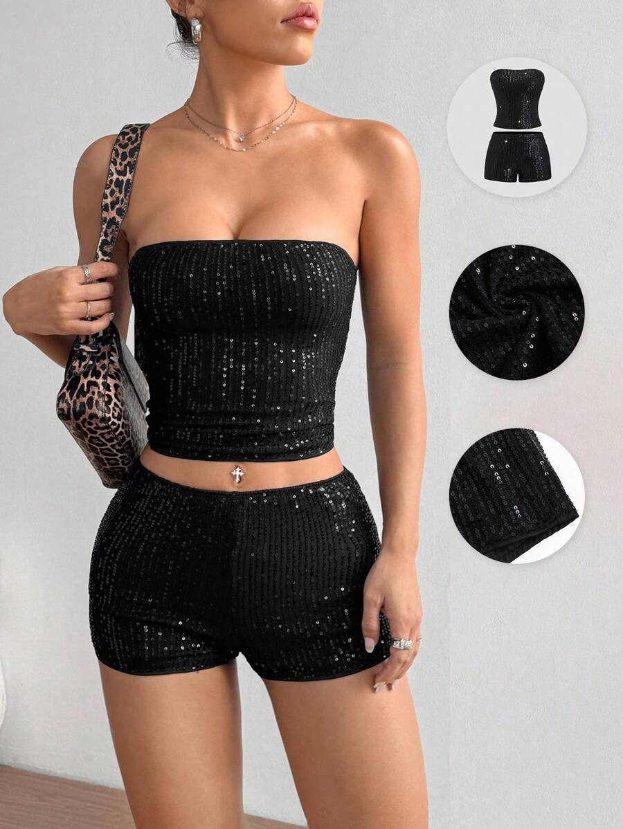 Shine bright this season with the Glamine Sequin Bandeau Top & Fitted Skirt Set! This fabulous two-piece combo features a shimmering sequin bandeau top that catches every light, paired with a sleek fitted skirt for a polished silhouette. Perfect for summer parties, nights out, or whenever you want to turn heads. The coordinated set takes the guesswork out of styling—just slip it on and glow. Whether you're dancing under the stars or making an entrance, this dazzling duo delivers instant glamour and confiden