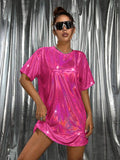 Hot pink holographic oversized T-shirt mini dress front view for festival styling