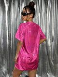 Hot pink holographic oversized T-shirt mini dress back view for festival styling