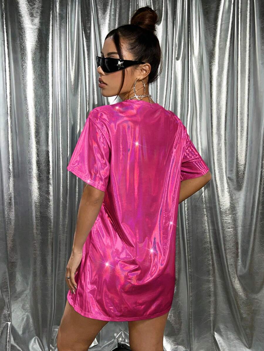 Hot pink holographic oversized T-shirt mini dress back view for festival styling