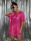 Hot pink holographic oversized T-shirt mini dress angled front view for festival styling