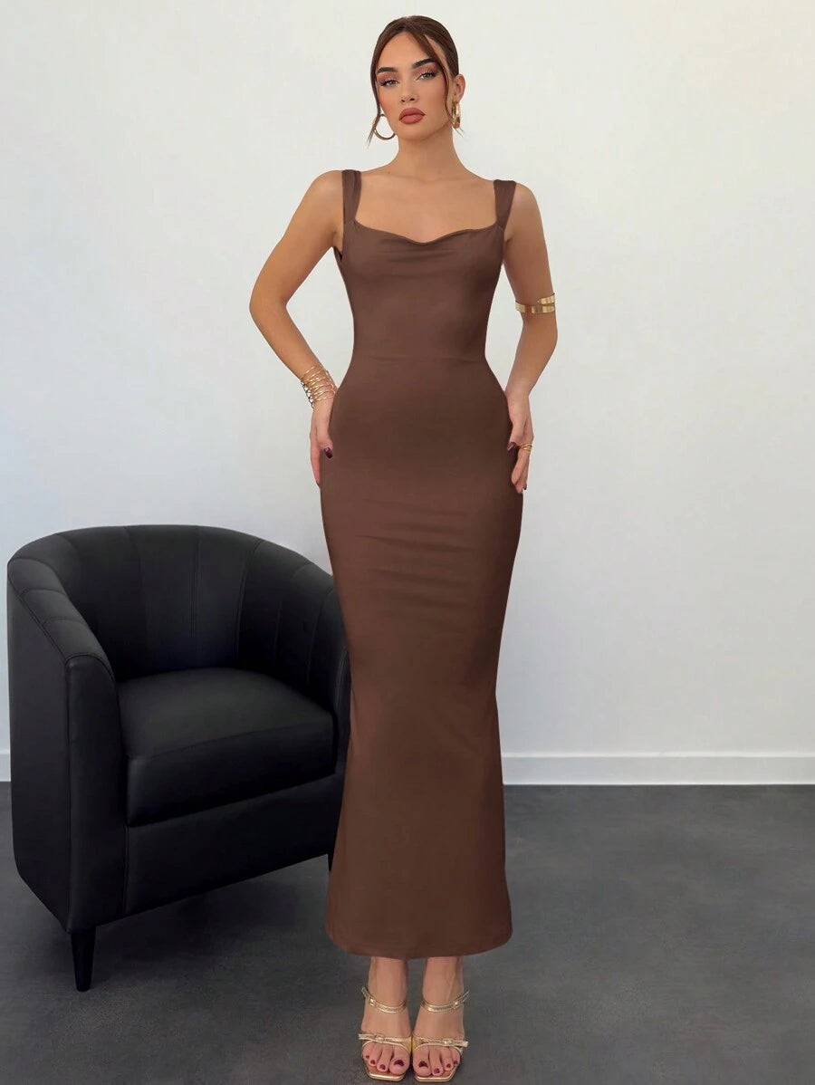 Chocolate brown cowl neck bodycon dress side view