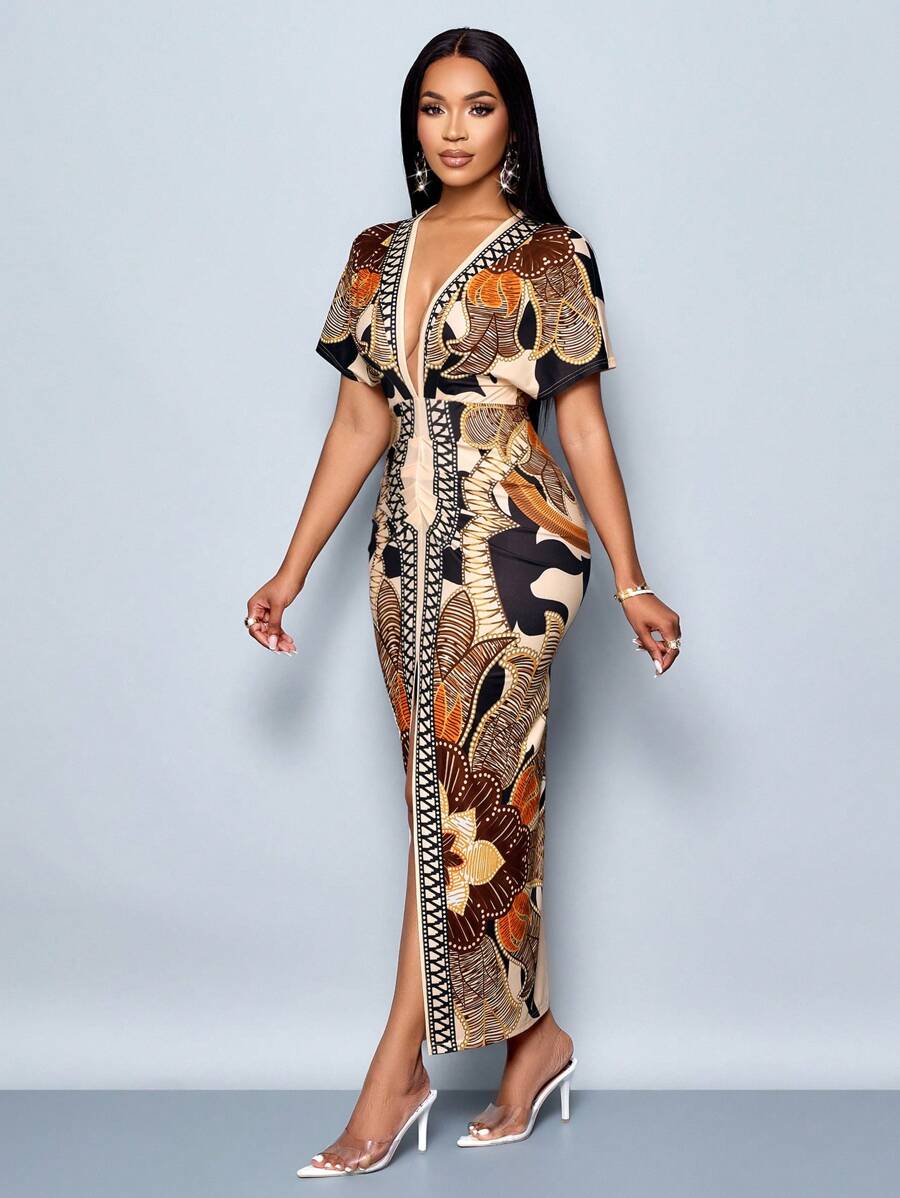 Turn heads effortlessly in this Elegant Chain Print Bodycon Dress. Featuring a daring high slit and playful batwing sleeves, its deep V-neck adds a touch of flirtiness. The bold chain pattern elevates your style, while the fitted silhouette hugs your curves just right. Perfect for nights out or special occasions, this dress blends elegance with a fun, confident vibe.