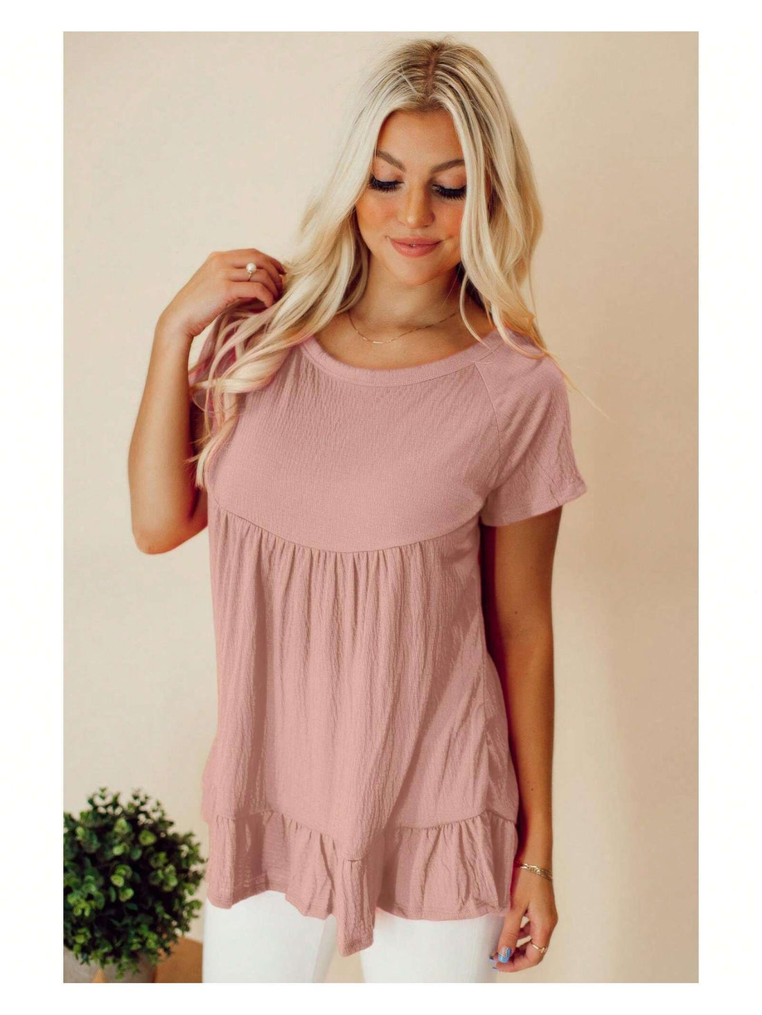 Get ready to bring some flirty fun to your wardrobe with the Flirty Pink Ruffle Hem Short Sleeve Top by Azura Exchange. The playful ruffle hem and short sleeves add a touch of charm to any outfit, making you stand out in style. Perfect for any occasion, this top is sure to turn heads.