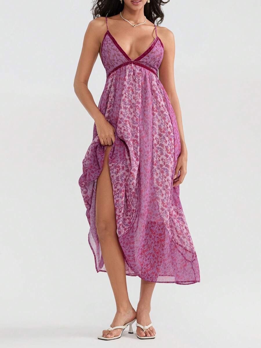 Pink floral maxi sundress with gathered bust and soft drape