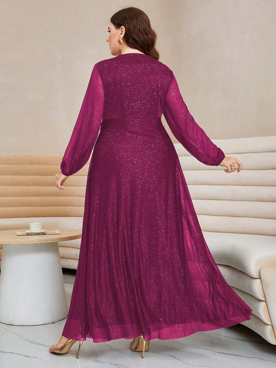 Step into the spotlight with this dazzling Plus Lantern Sleeve Twist Front Glitter Maxi Dress. Designed to sparkle from every angle, its flattering twist front and dramatic lantern sleeves add a playful flair perfect for evening occasions. Feel glamorous and confident as the glitter catches the light, ensuring all eyes are on you all night long.