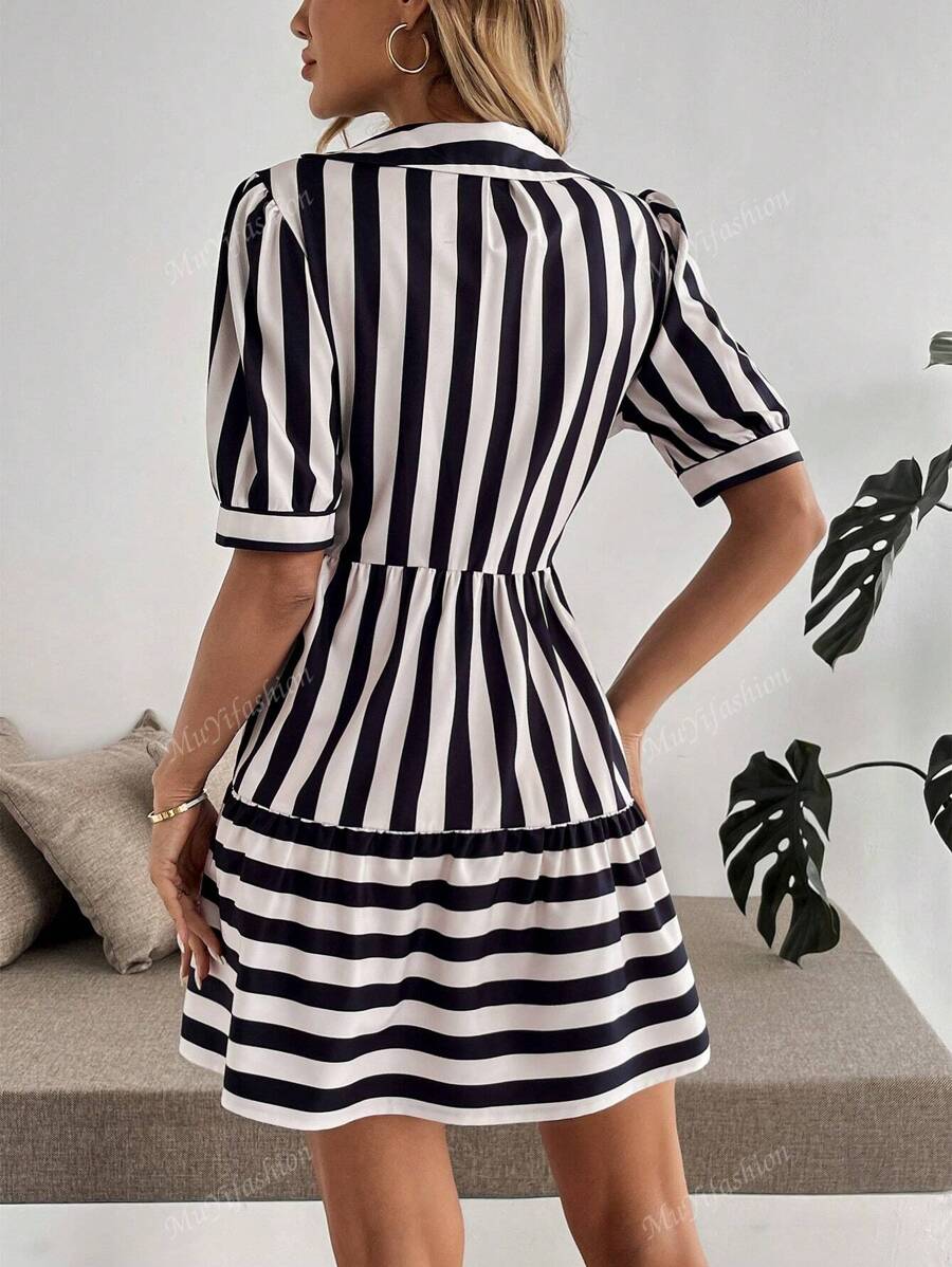 Upgrade your wardrobe with this Chic Striped V-Neck Puff Sleeve Dress. The unique bow tie waist adds a touch of playfulness while the puff sleeves add a touch of elegance. Perfect for any occasion, this dress will surely turn heads and make a statement.
